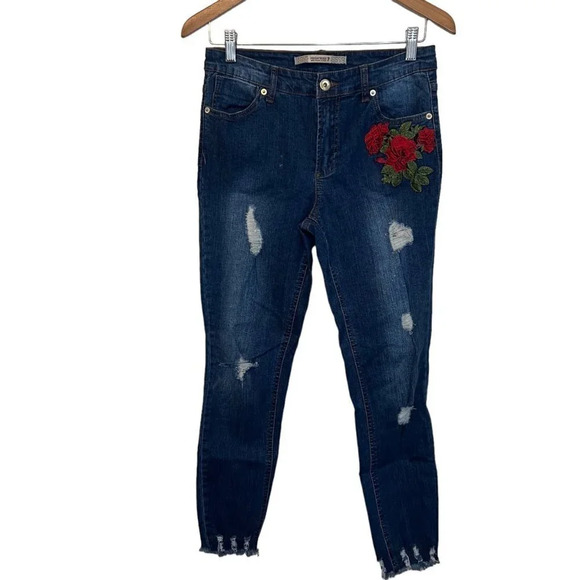 HIGHWAY EMBROIDERED STRETCH JEANS SIZE 7 /‎ 28x27 ROSE EMBROIDERY DISTRESSED - Picture 1 of 7